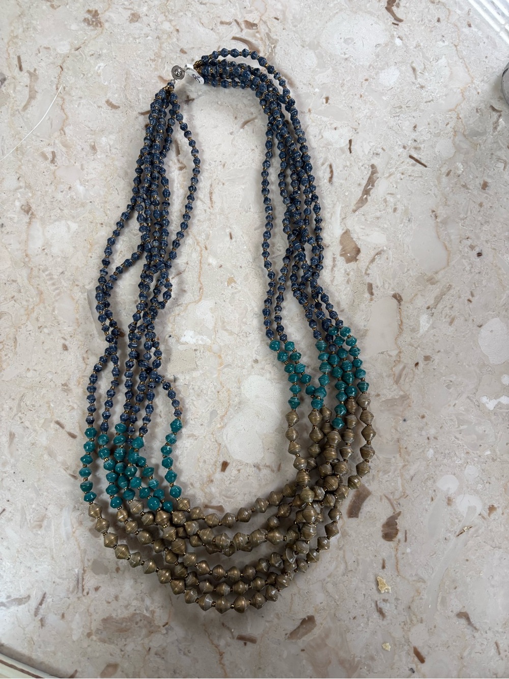 Layered Blue Teal and Gold Beaded Necklace